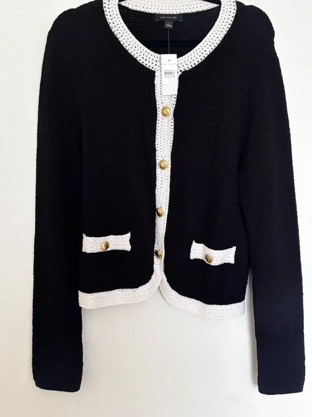 Ann Taylor Colorblock Sweater Jacket NWT| Black Cream Trim|Gold Buttons | Size L - Picture 1 of 5